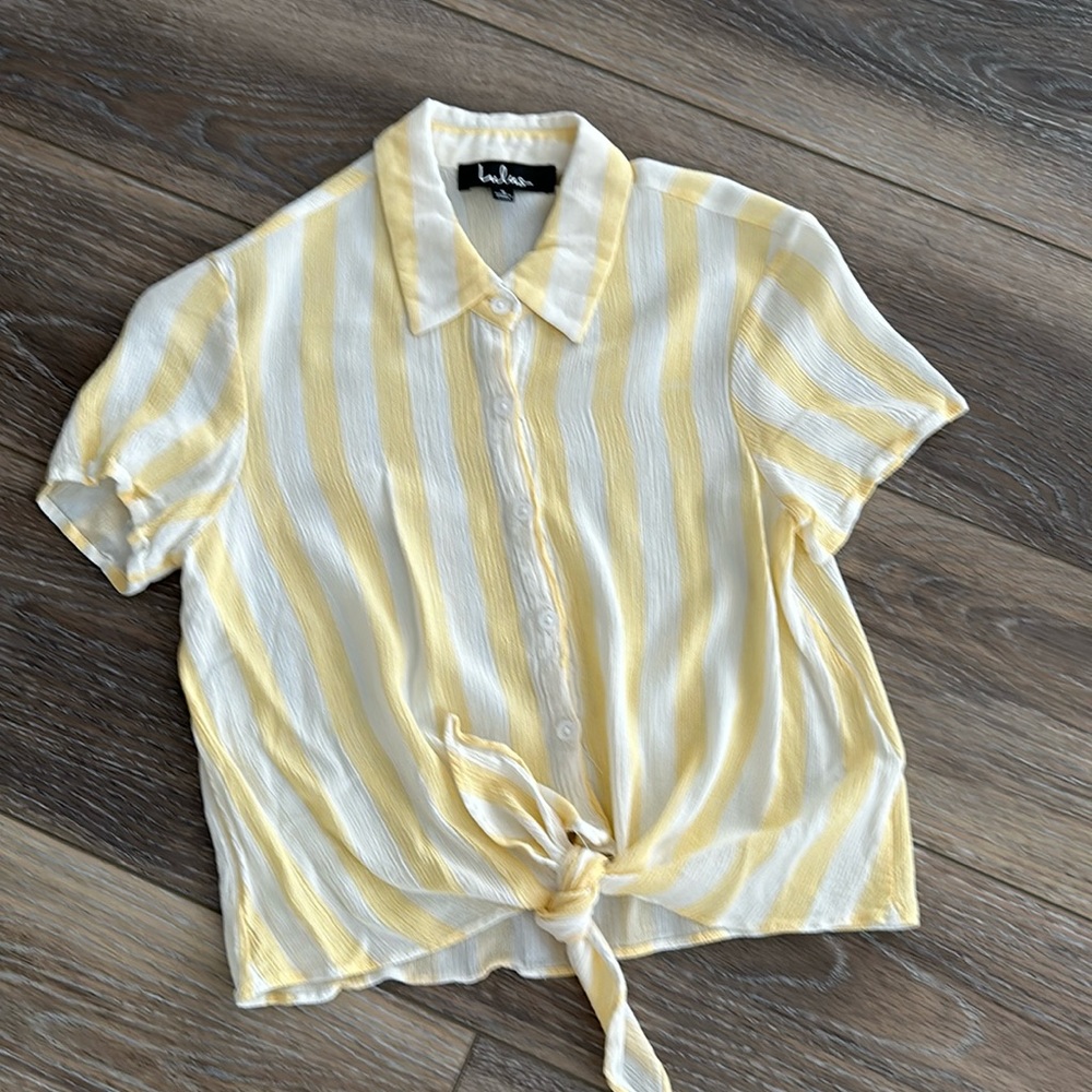 Small Lulus Portofino Coast Yellow Striped Button-Up Tie-Front Top